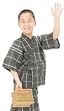[ 京都きもの町 ] 綿麻 子供 じんべい 全15色 6サイズ 130cm 13墨黒格子