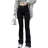 [Teddy] デニムパンツ レディース ストリート フレア ジーパン ストレッチ 薄手 ハイウエスト 春夏秋 pants459 (XS, ブラック)
