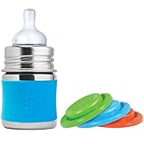 Pura Kiki Stainless Steel Infant Bottle with Aqua Silicone Sleeve 5 Ounce Plus Set of 3 Silicone Sea