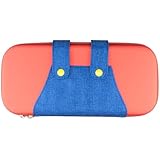 【Switch2 用 ポーチ】オーバーオール風 収納ケース｜おしゃれ かわいい 衝撃吸収デニム風｜GrinGrin 日本メーカー製 (ブルー×レッド)