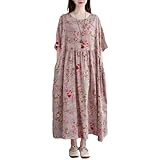 [VaTcsAxg] 花柄ワンピース レディース ワンピース 半袖 クルーネック Vネック ロングワンピース 綿麻 リネンワンピース ゆったり おしゃれ カジュアル フリーサイズ 夏 秋 春 (Free Size, ピンク)