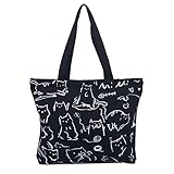[C-RAYS] 猫 トートバッグ かわいい 猫柄 ファスナー 付き バッグ ねこ グッズ お買い物 エコバッグ (ブラック)