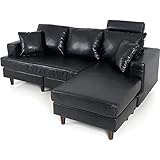 ソファー カウチソファー 3人掛け ヘッドレスト付 ポケットコイル レザー ブラック