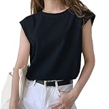 [Mmlnrc] Tシャツ レディース ノースリーブ タンクトップ クルーネック 速乾Tシャツ ゆったり 着痩せ効果 トップス 夏服 無地 フレンチスリーブ カットソー 重ね着 丸首 柔らか おしゃれ 可愛い カジュアル 通勤 デート 夏 ゆるＴ (JP, アルファベット, M, 標準, 黒)