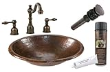 Premier Copper Products BSP2_LO17RDB Small Oval Self Rimming Hammered Copper Sink with Widespread Fa