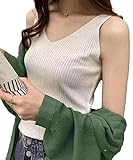 [ロカロカ] レディース ニット タンクトップ トップス カットソー vネック セクシー リブニット ノースリーブ 無地 キャミソール シンプル 白 白色 (ホワイト)