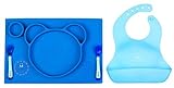 Premium Baby Meal Time Set – Feedingマット、スプーン、フォーク& Baby Bibsバンドル – 食品グレード素材 – 非毒性& BPAフリー|強力なテーブル吸引|