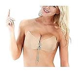 女性のセクシーなシリコンゲルウィング型ストラップレスブラストドローストリング付き自己接着性防水インビジブルバックレスプッシュアップブラジャー不可視ブラジャー乳房パッド (D, ヌード)