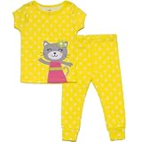 カーターズ（Carter's)【綿100%パジャマ】女の子用イエロードット柄ネコさんアップリ半袖パジャマ上下2点セット 6months 6ヶ月用 70cm 出産祝い,猫柄寝巻き,黄色水玉おねんね着【並