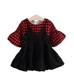 (マソンナーニ)Masonanic ベビー服　サロペットスカート　女児ワンピース　サスペンダー　チェック柄　フェイクレイヤード　チュールスカート　子供　七分袖 (100cm, レッド)