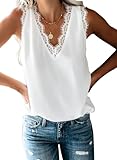 BLENCOT レディース Vネック レーストリム タンクトップ カジュアル ゆったり ノースリーブ ブラウスシャツ US サイズ: Medium カラー: ホワイト