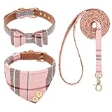 BINGPET 犬 首輪 バンダナ リード セット 犬の首輪 犬 リード ベーシック首輪 チェック 調節可能 革製 柔らかい かわいい おしゃれ 超軽量 通気性 ハンドル付き 胴輪 散歩 お出かけ メッシュ 猫 ねこ キャット しつけ 訓練 散歩 ペット用品 子犬 小型犬 中型犬 大型犬 柴犬 秋田犬 (ピンク, M)