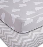 Playard Sheets 2 Pack Fitted Soft Jersey Cotton Playpen Sheet Bedding with Unisex Clouds and Chevron