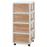 木目調衣類収納ケース プラスチック バウム 4段 No.7 キャスター付き 完成品 収納棚 収納チェスト 木製風前板 収納ケース 引出し 小物入れ (4段タイプ, 木目調前板 No.7)