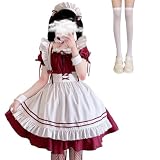 [ZOMOZO] メイド 服 コスプレ ショート丈 豪華7点セット メイド エプロン ニーハイソックス付き かわいい 大きいサイズ メイドコスチューム 仮装 コンカフェ パーティー 大人 ハロウィン クリスマス 男女兼用 レディース メンズ S/M/L/XL/2XL/3XL/4XL (レッド, S)