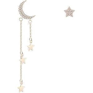 Longwu レディース ピアス 三日月 星 左右非対称 人気 18k チェーンピアス シルバー925 金属アレルギー対…