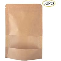 SumDirect 50個 窓付きジップ袋 クラフト紙自立バッグ 角底袋 キッチン収納、貯蔵用 10x15cm