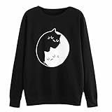パーカー レディース トップス Glennoky 黒白猫柄 クルーネック プルオーバー ブラウス スウェットパーカー 体型カバー 秋冬 ロング丈 ゆったり ラウンドネック レディースパーカー スウェッ