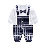 ALLAIBB ベビー服 ロンパース 前開き カバーオール フォーマル 蝶ネクタイ 男の子 春 秋 偽サロペット 紳士服 お洒落 格子 size 66(3-6ヶ月) (紺)