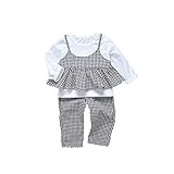子供上下セット服 女の子 服 長袖 秋 Pojour Tシャツ＆ロングパンツ 可愛いキャミソー ルグリッドブラウス 暖かい ベビールームウェア 子供3セット 丸首 普段着 カジュアル スポーツ 旅行 