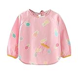 （フルーツ柄）子供防水長袖スモックエプロンよだれかけ1枚 ピンク、0歳から2歳