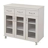 キッチンキャビネット リビング 型板ガラス キャビネット 90cm幅 カラー：ホワイト