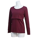レディース 授乳服 長袖 Tシャツ 授乳口付き 長袖Tシャツ 授乳服 母乳育児用 産後対応 ワイン-M7793 M