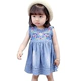 YY-Natuhi ベビー服 子供服 女の子 ワンピース ドレス カジュアル デニムワンピース 春夏 刺繍 花柄 キッズ 新生児 赤ちゃん 袖なし 女児 可愛い 通園 通学 100%綿 (110cm)
