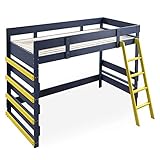 LOWYA（ロウヤ）ロフトベッド シングルベッド ディスプレイラック パーテーション 本棚付き システムベッド キッズ ワンルーム 木製 幅213㎝ ネイビー/イエロー