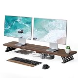 Fenge モニター台 卓上 モニタースタンド デスクシェルフ パソコン台 木製 スチール製 pc モニター台 机上台 卓上ラック 机上ラック デスク周り収納 (ブラウン, 108cm)