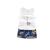 ベイビー服 男の子 Pojour ランニングシャツ 夏子供Ｔシャツ＋パンツ ボーイズかわいいキリン2セット　子供ギフト 綿 通気 白 90cm