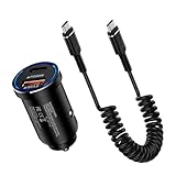 Hootek 車 充電器 シガーソケット USB 2ポート 38W+1.2m 60W Type-C ケーブル PD&QC3.0対応/USB-C&USB-A/12V-24V カーチャージャー タイプC 車 しがーソケット USB 急速充電器 Type-C コイルケーブル 伸びる iPhone 17/16、iPad Pro、Galaxy S26、Pixel 7その他Android対応(ブラック)