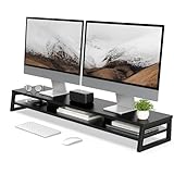 Fenge モニター台 卓上 デスクシェルフ モニタースタンド パソコン台 2段 木製 幅108cm pc台 机上台 デュアルモニター 台 机上ラック 卓上台 デスク周り収納 ディスプレイ 台 (ブラック)