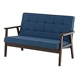 SATO セレノソファ 2人掛けクロス 布ネイビー 肘ダークブラウン