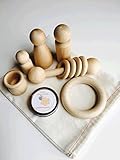 Montessori style infant toy bag, organic wood toys, sensory, teething & grasping ring, rattle, peg f