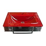 洗面台 洗面化粧台 「強化ガラス製洗面ボウル＋ステンレス台＋プッシュ式排水栓」の３点セット レッド 幅55cm KY-6042set-red