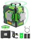 LasGoo LG-3DMAX 3x360° グリーンレーザーレベル、3D 自動水平調整クロスラインレーザー、2つの充電式リチウムバッテリー、微調整ブラケットアダプター、グリーンレーザー強化メガネ、ハードキャリングケース