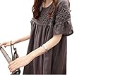 【Cross You】 半袖 チュニック ワンピース レディース 綿 麻 リネン 膝丈 刺繍 レース ゆったり カジュアル ファッション (XL)