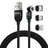Statik (スタティック) マグネット 充電ケーブル - 360度回転 ＋180度 540度の可動域 取外し可能 マグネット充電ケーブル 全機種対応 ナイロンケーブル 3-in-1 マイクロUSB 充電器 タイプC USB (1m, ブラック)
