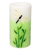 ばねFlameless LED Candle withタイマー、エンボス加工グリーンドラゴンフライと作業with 2 AAバッテリー