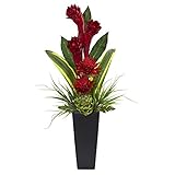 ほぼ自然Ginger and Artichoke人工Tropical Arrangement inブラック花瓶、レッド