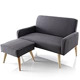 ソファ カウチソファ ハイタイプ 天然木脚 オットマン付 2人掛け コンパクトサイズ ファブリック グレー