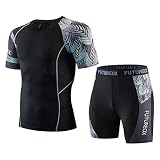 メンズスポーツウェア上下セット Florrita 半袖 コンプレッショントップス メンズ トレーニング ショート パンツ ランニングシャツ レギンス ヨガ アクテイブシャツ 軽量 速乾 薄手 パワーストレッチ フィットネストレーニングシャツ tシャツ