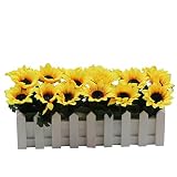Zhhlinyuan Artificial Sunflower in Wooden Picket Fence Pot Pack, Lifelike Leaves and Silk Flowers Ar