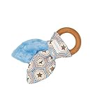 Natural Organic Maple Wooden Teething Ring Toy - Bunny Ears Teether - Western Star Fabric and Blue M