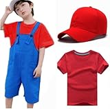 【Sai彩】マリオ ルイージ ブラザーズ 帽子付き キャップ 子供用 コスプレ 子供服 セットアップ オーバーオール 可愛い キャラクター ハロウィン 〔キャップ 青オーバーオール 半袖 ３点set〕 春 夏 秋 (レッド(赤), 130)
