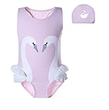 Pettigirl 子供用水泳帽付き水着 白鳥柄 ガールズ2点水着 スイミング 水泳キャップ キッズ水着 女児水着 110cm