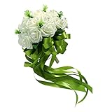 Dovewill フォーム製　人口花　リアルに見える　リボン　人工パール付き　手持ち　花束　ブライダルブーケ　ウエディングブーケ