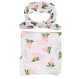 ベビーブランケット, Chickwin柔らかく居心地の良い新生児の綿多機能ブランケットスワドルベッドシートバスタオル+ 1本かわいいヘッドバンド (ピンクフラワーセット)