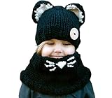 JOS 可愛い あったか ベビー キッズ にゃんこ ニット帽 ネックウォーマー ネコ耳 猫髭 (Black（黒）)
